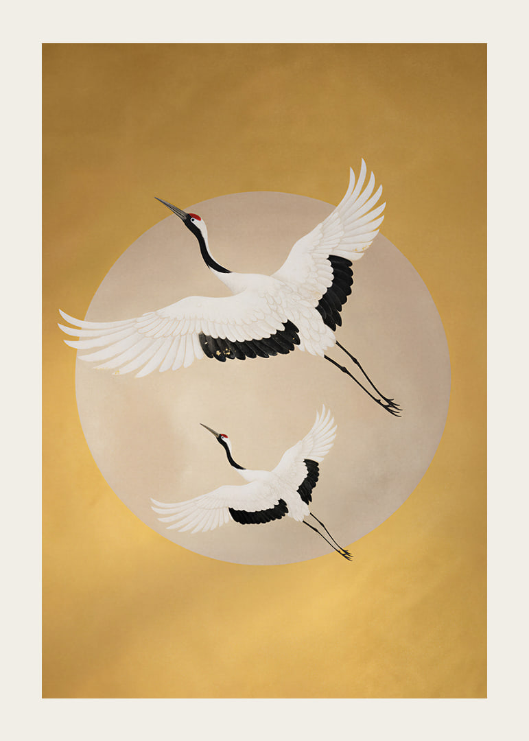 Graceful cranes soar towards a golden horizon.-12