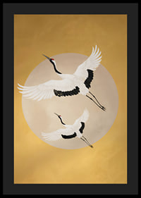 Graceful cranes soar towards a golden horizon.-4