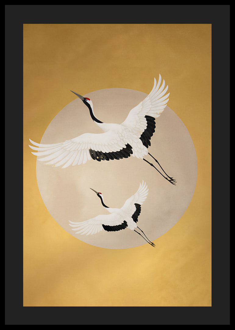 Graceful cranes soar towards a golden horizon.-12