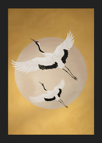 Graciösa tranor svävar mot en gyllene horisont.-5