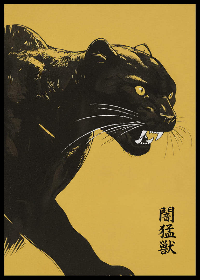 Uma pantera imponente sobre um fundo amarelo emana força e mistério.-12