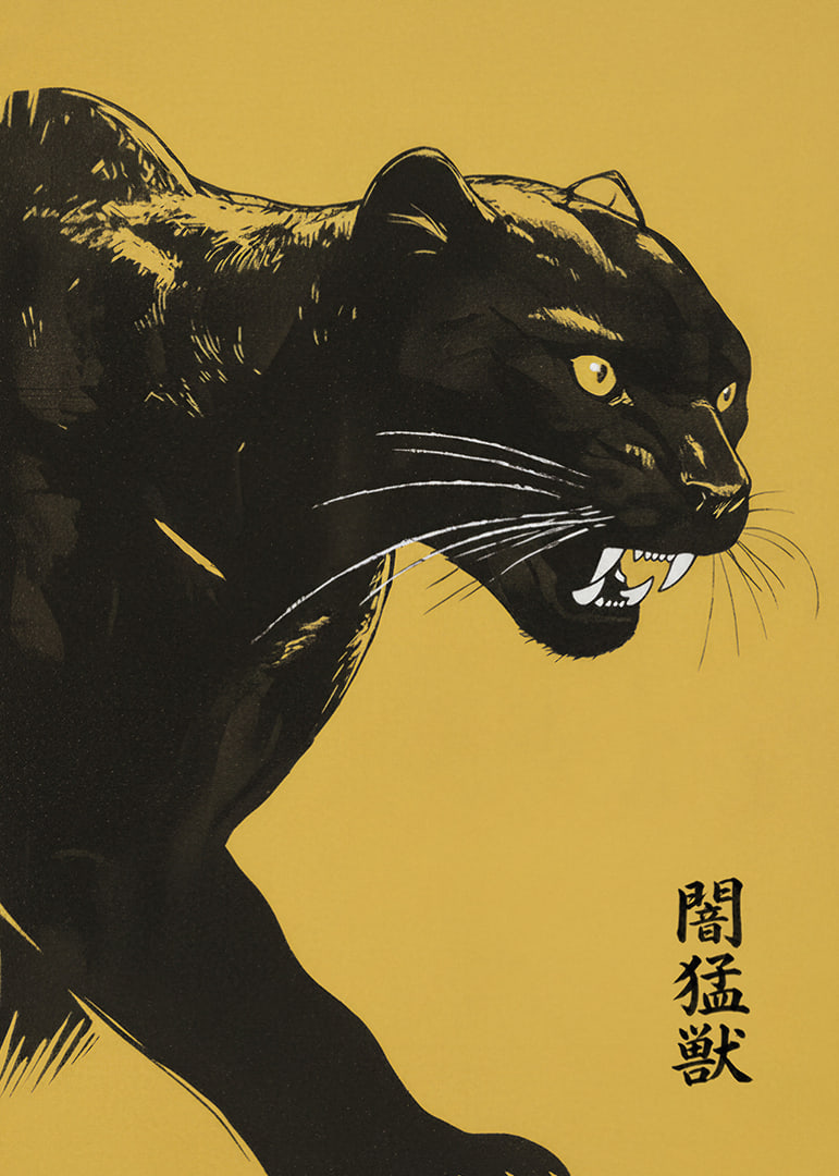A powerful panther on a yellow background exudes strength and mystery.-12
