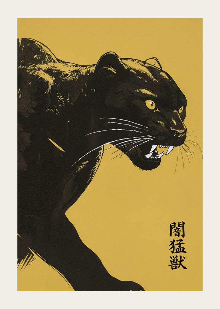 A powerful panther on a yellow background exudes strength and mystery.-12