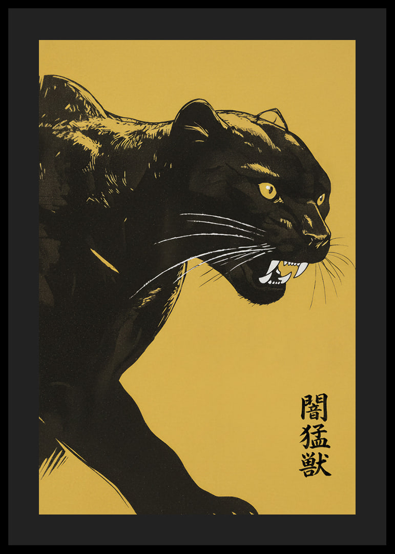 A powerful panther on a yellow background exudes strength and mystery.-12