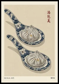 Two dumplings on beautiful spoons harmonize stylishly.-0