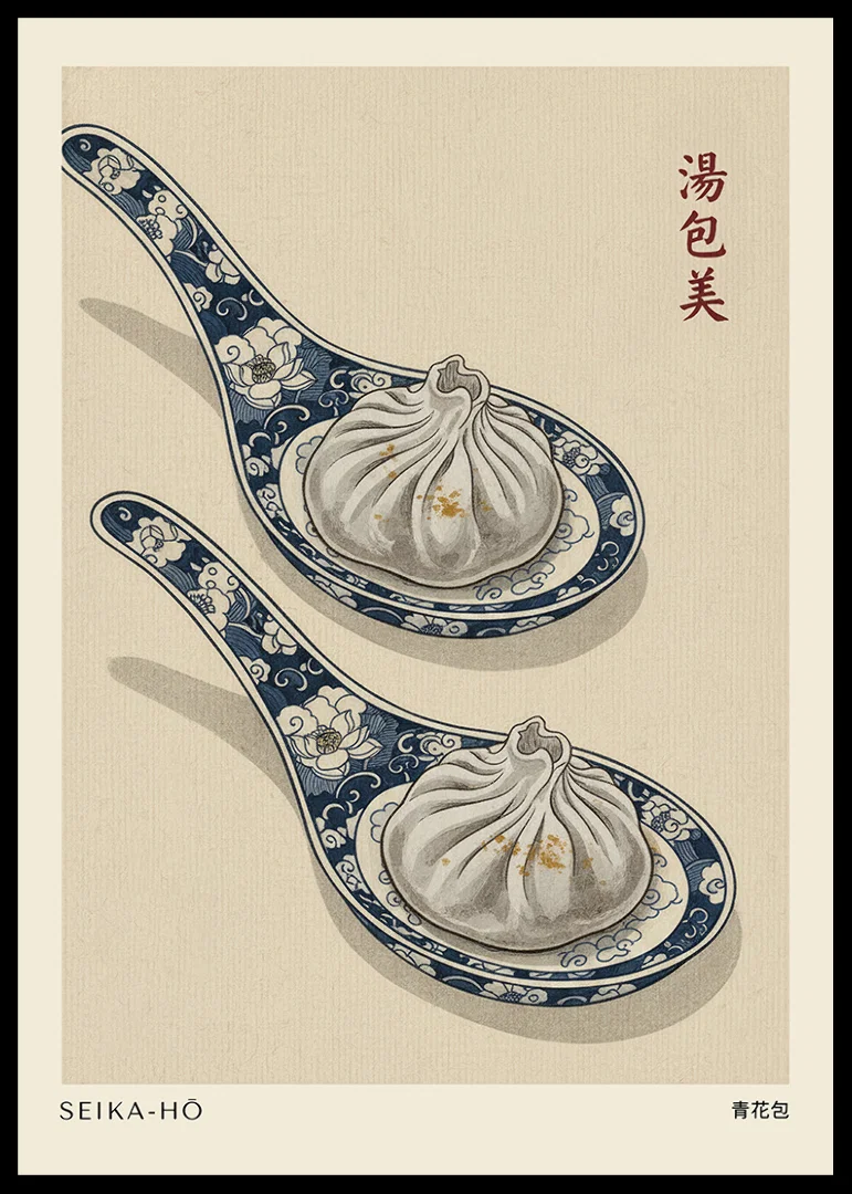 Two dumplings on beautiful spoons harmonize stylishly.-12