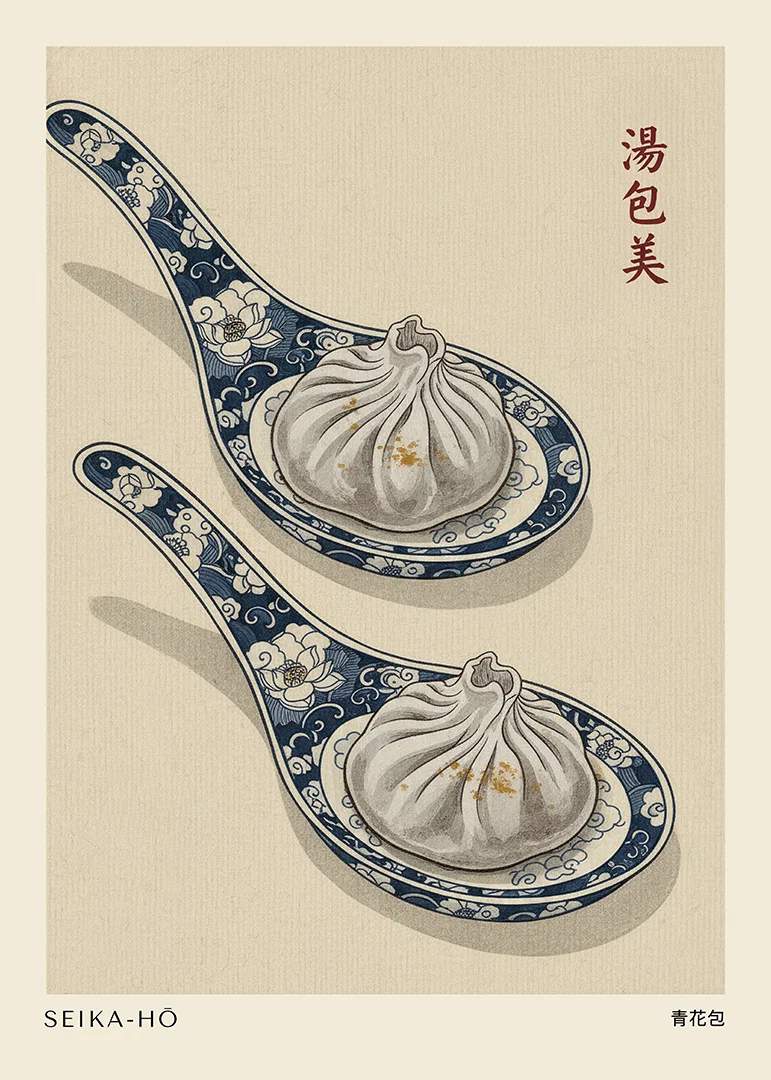 Two dumplings on beautiful spoons harmonize stylishly.-12