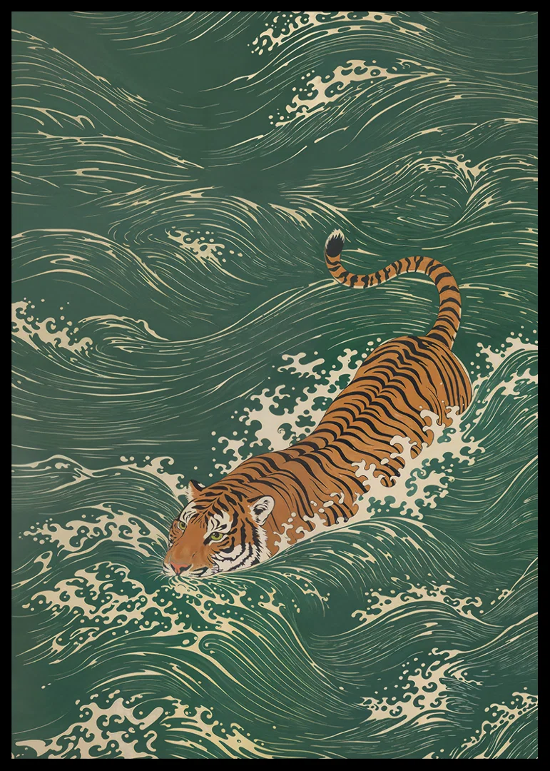 A tiger swims elegantly through lush waves.-12
