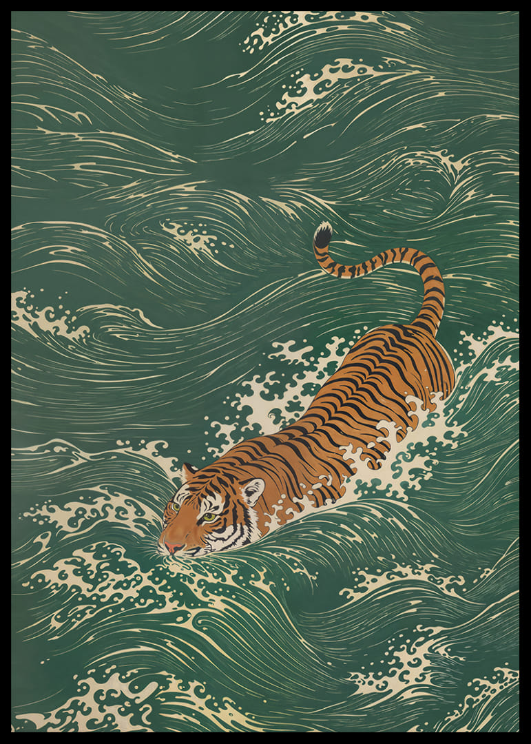 En tiger svømmer elegant gennem frodige bølger.-12