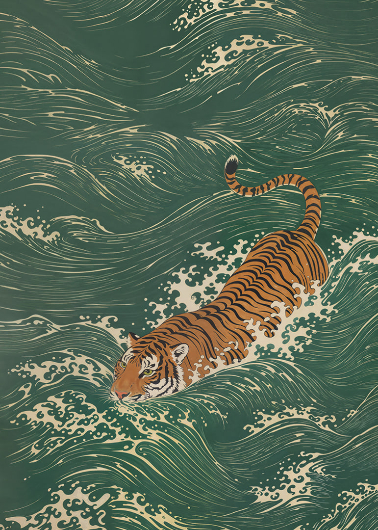 A tiger swims elegantly through lush waves.-12