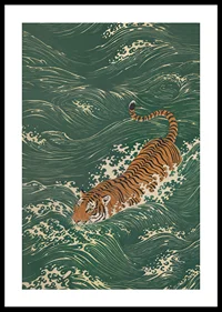 A tiger swims elegantly through lush waves.-0