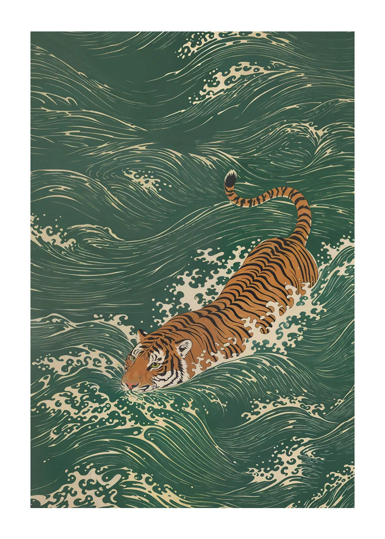 A tiger swims elegantly through lush waves.-12