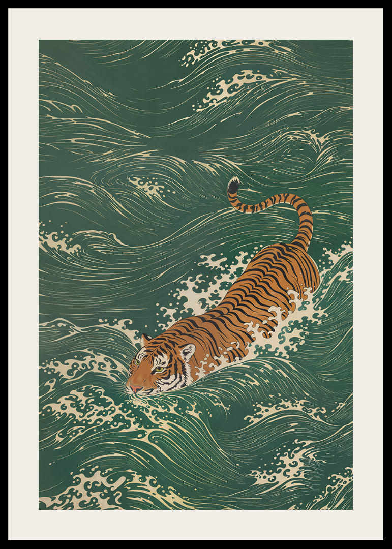 En tiger simmar elegant genom grönskande vågor.-12