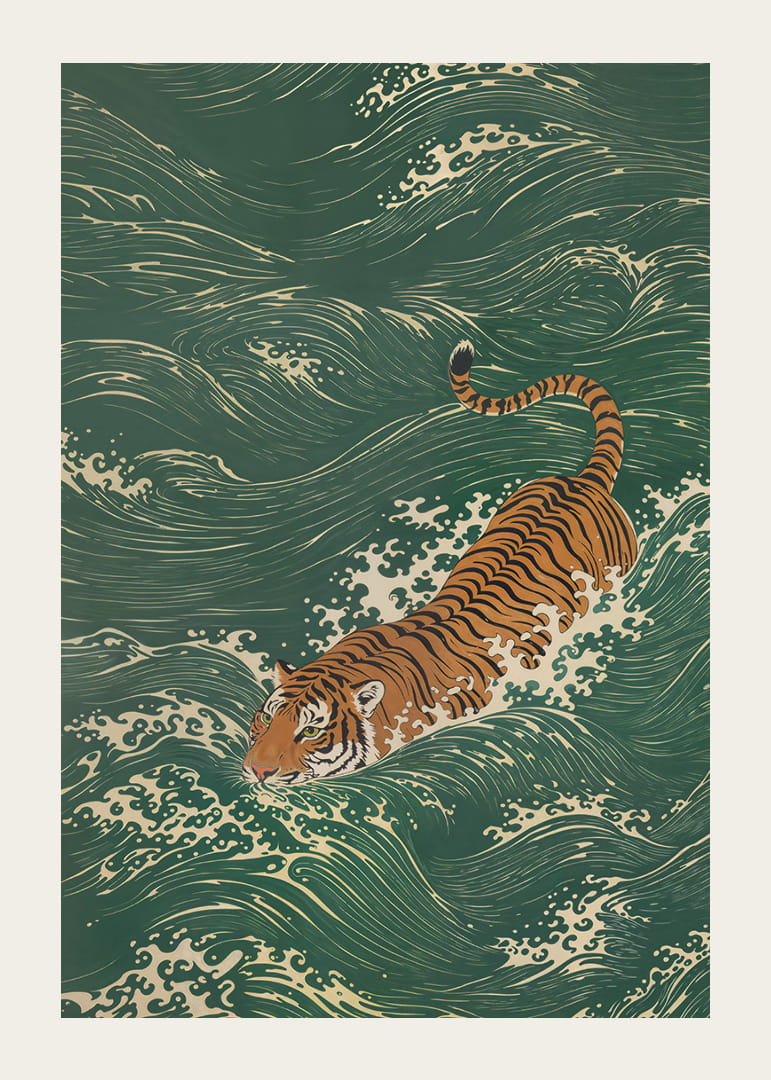 En tiger simmar elegant genom grönskande vågor.-12