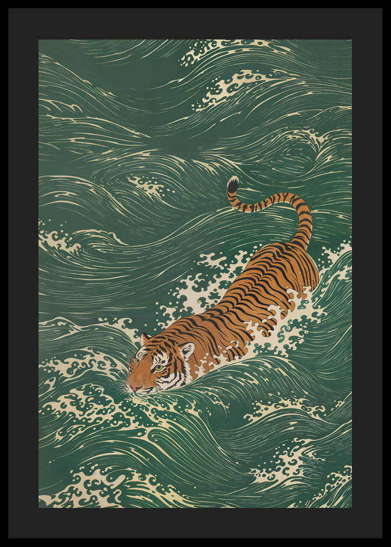 En tiger simmar elegant genom grönskande vågor.-12