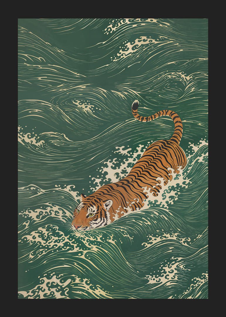 En tiger simmar elegant genom grönskande vågor.-12