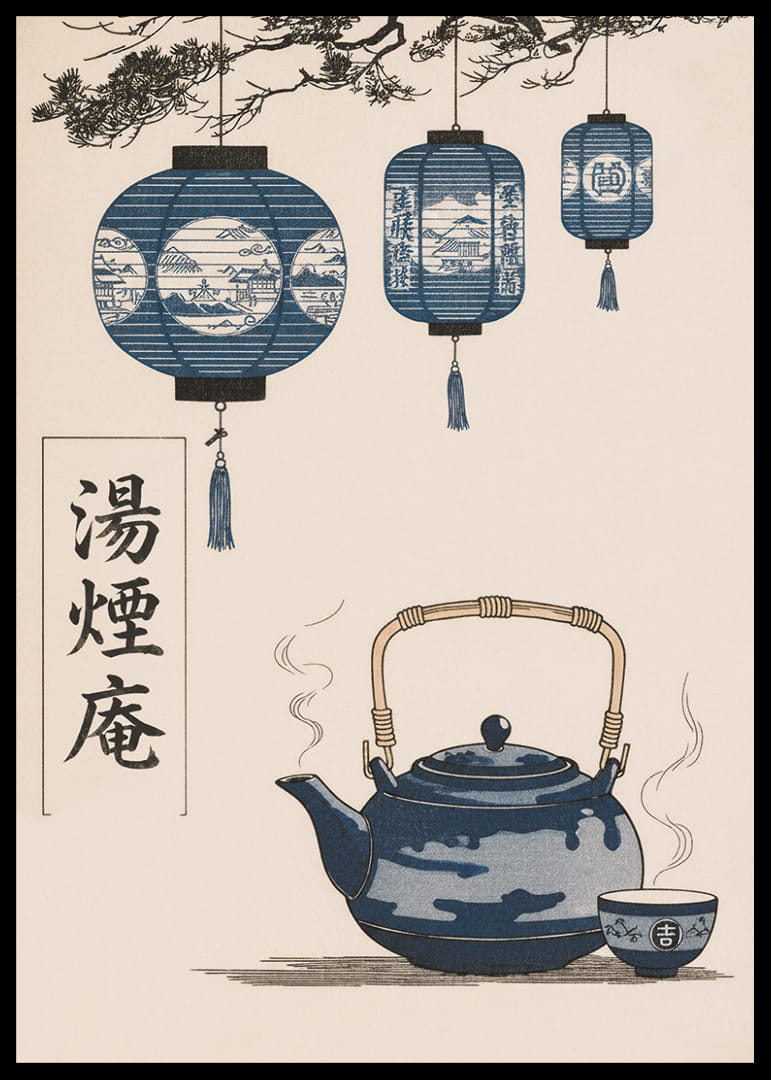 Orientalisk elegans med hängande lanternor och rykande te.-12