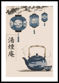 Orientalisk elegans med hängande lanternor och rykande te.-0