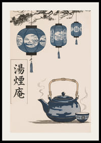 Orientalisk elegans med hängande lanternor och rykande te.-2