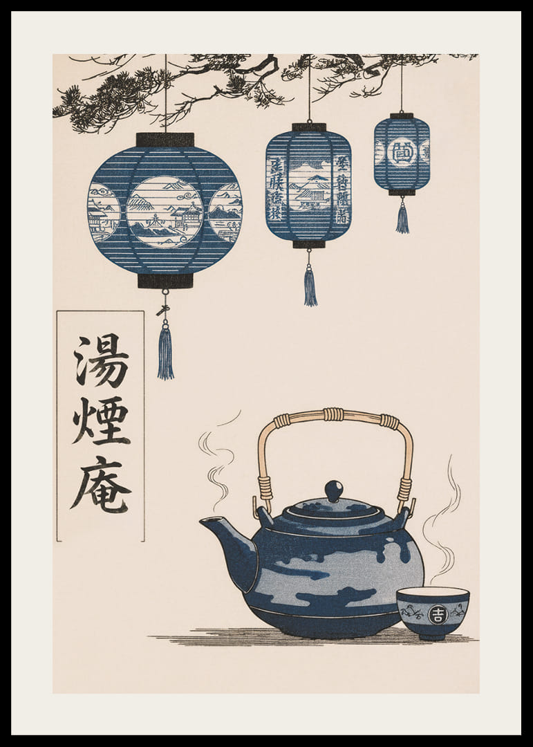 Orientalisk elegans med hängande lanternor och rykande te.-12