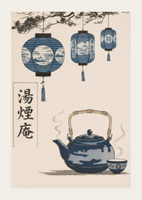 Orientalisk elegans med hängande lanternor och rykande te.-3