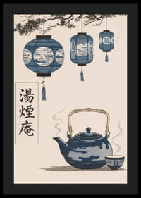 Orientalisk elegans med hängande lanternor och rykande te.-4