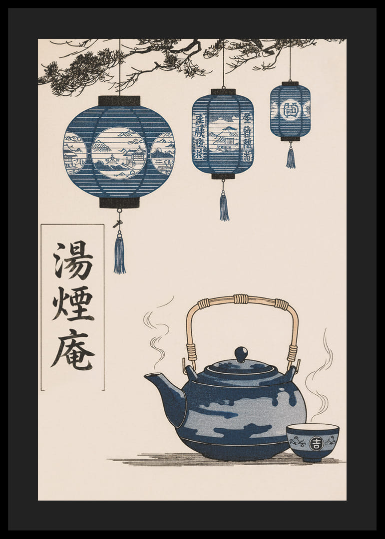 Orientalisk elegans med hängande lanternor och rykande te.-12