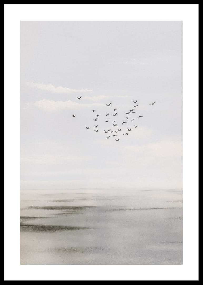 Birds soar in a soft sky over a calm sea.-12