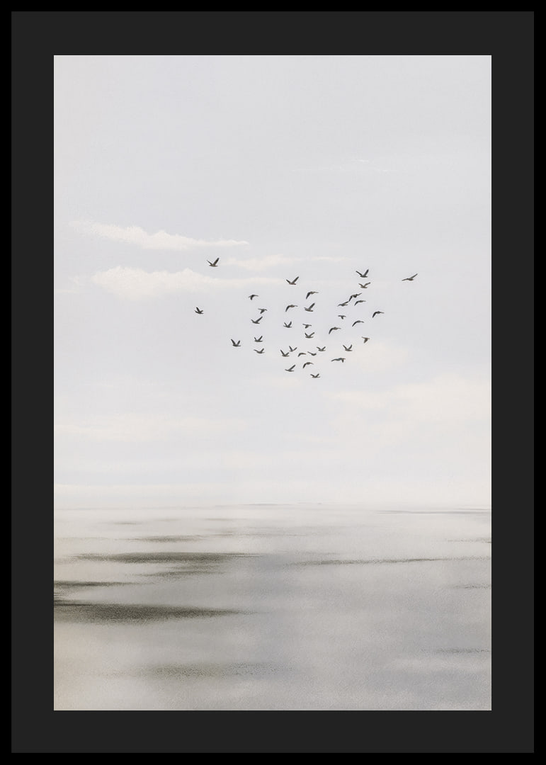Birds soar in a soft sky over a calm sea.-12