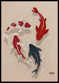 Colorful koi fish sweep through water in perfect harmony.-2