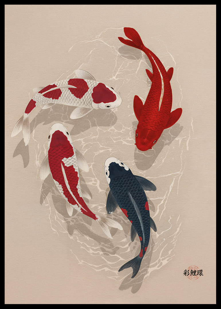 Colorful koi fish sweep through water in perfect harmony.-12