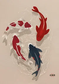 Colorful koi fish sweep through water in perfect harmony.-7