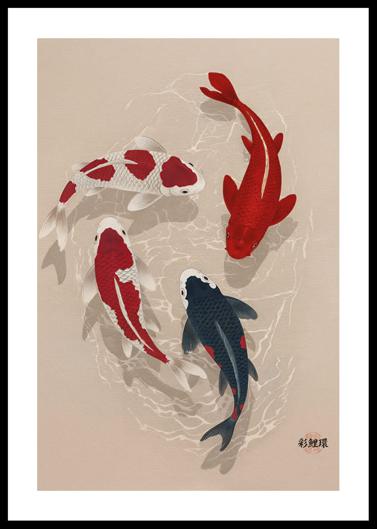 Colorful koi fish sweep through water in perfect harmony.-12