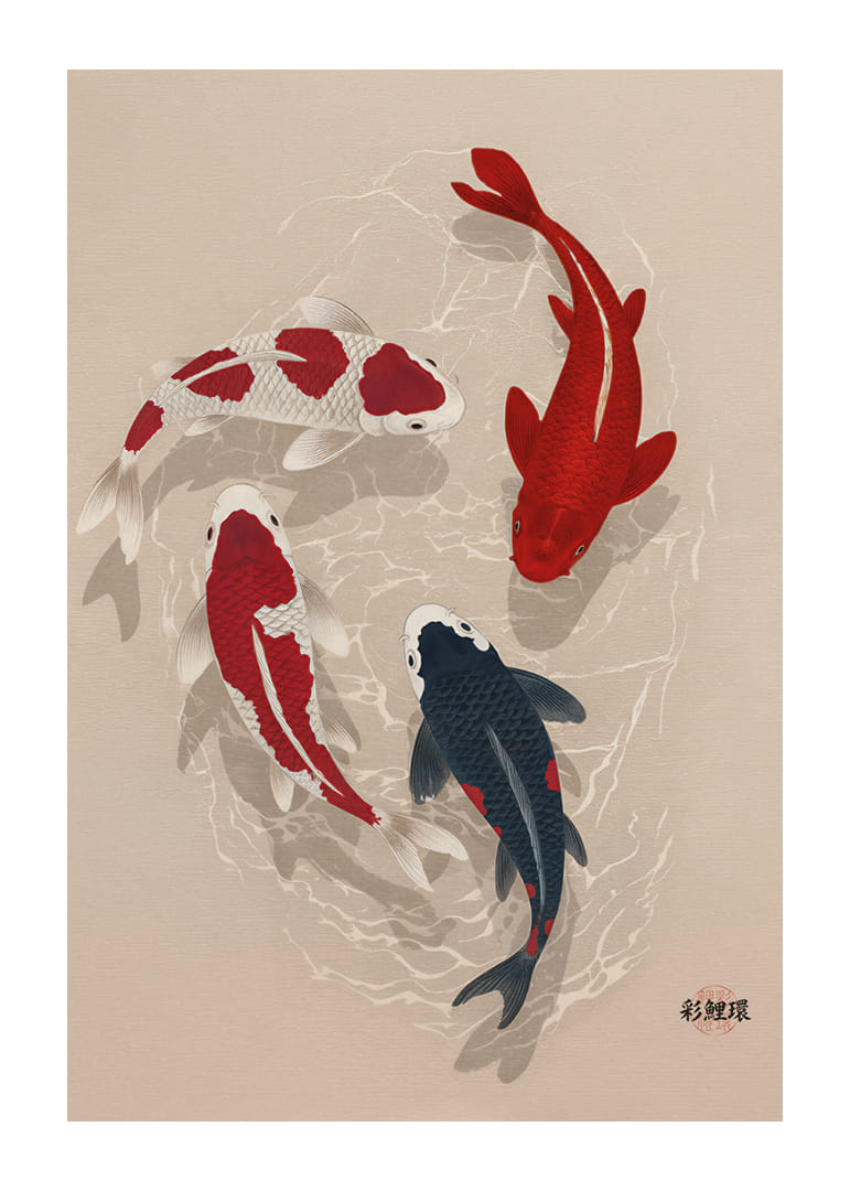 Colorful koi fish sweep through water in perfect harmony.-12