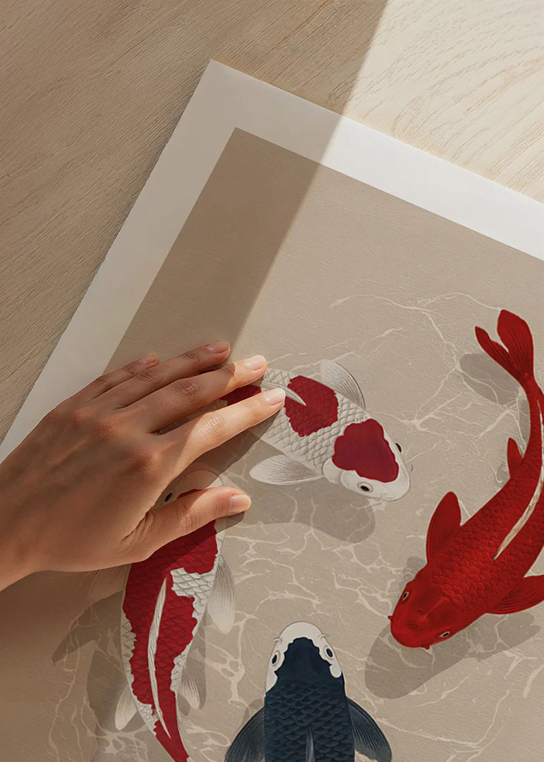 Colorful koi fish sweep through water in perfect harmony.-12