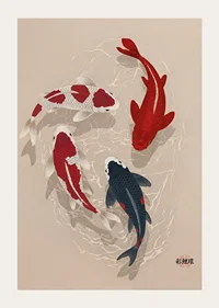 Colorful koi fish sweep through water in perfect harmony.-3