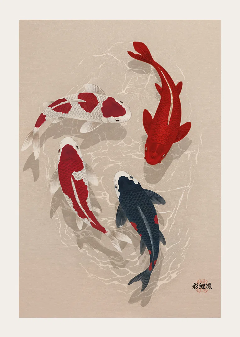 Colorful koi fish sweep through water in perfect harmony.-12