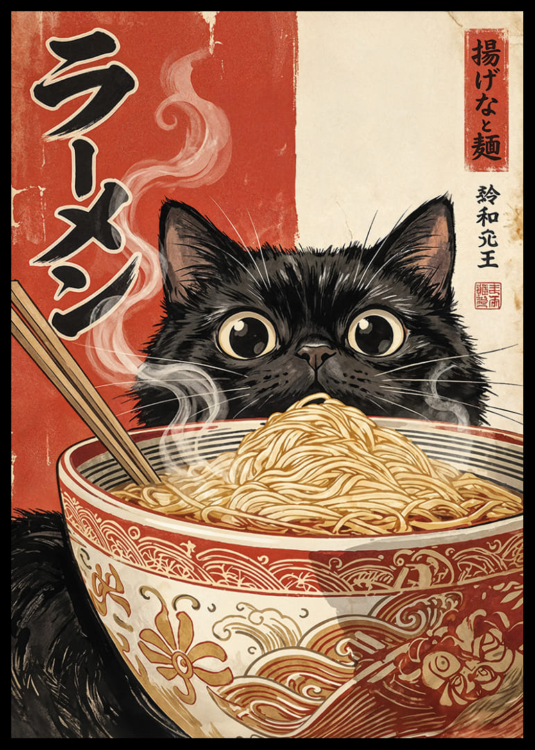 A curious cat enjoys a steaming bowl of ramen.-12