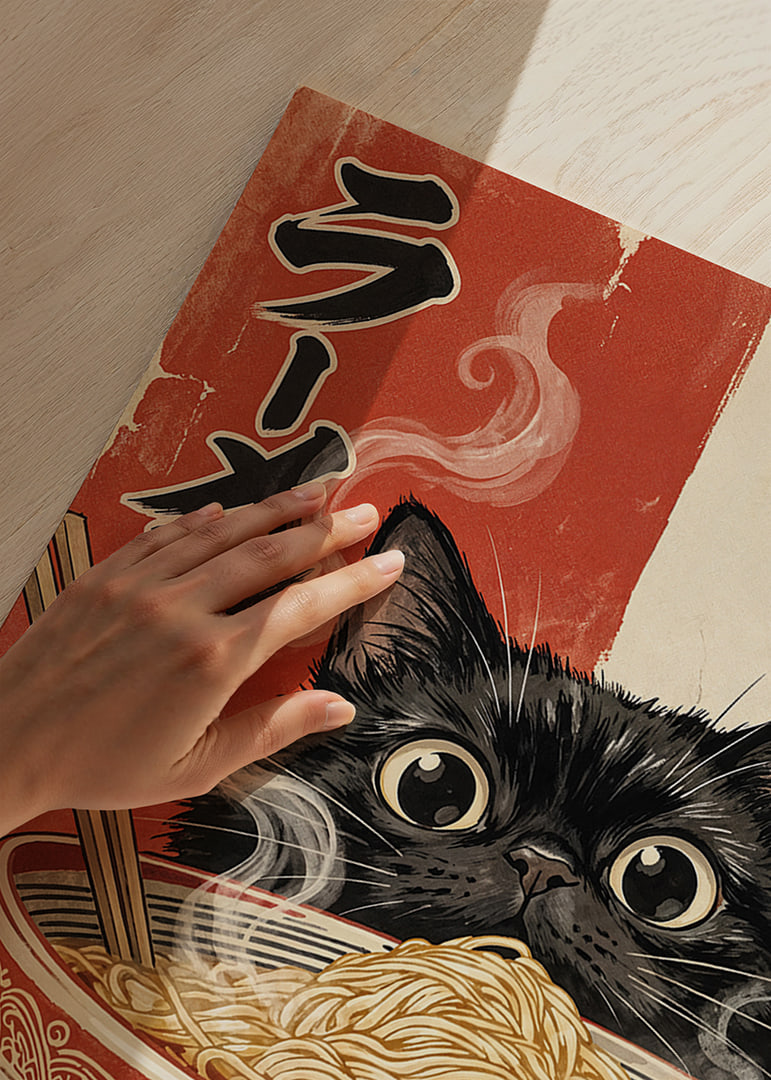 A curious cat enjoys a steaming bowl of ramen.-12