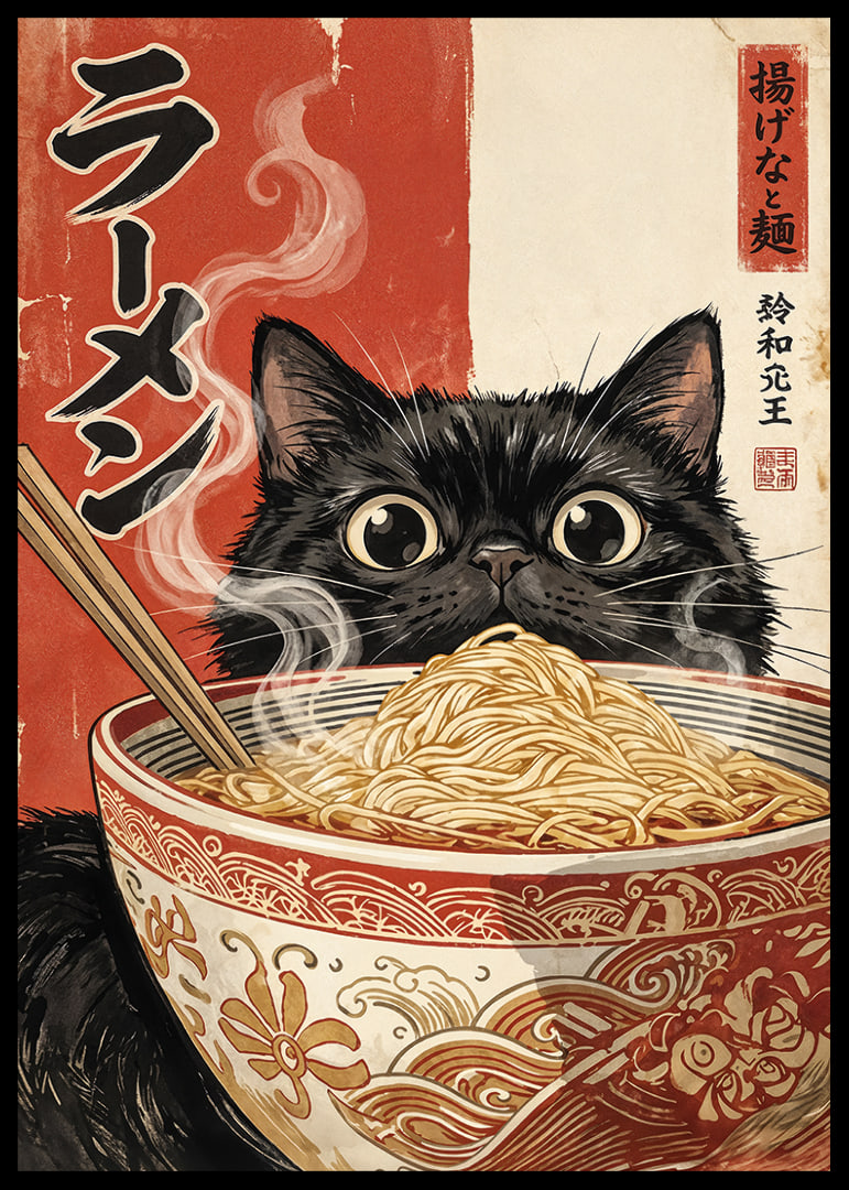 A curious cat enjoys a steaming bowl of ramen.-12