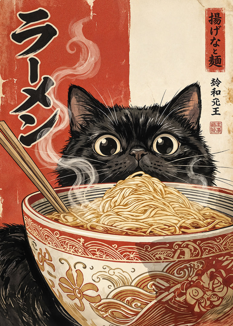 A curious cat enjoys a steaming bowl of ramen.-12