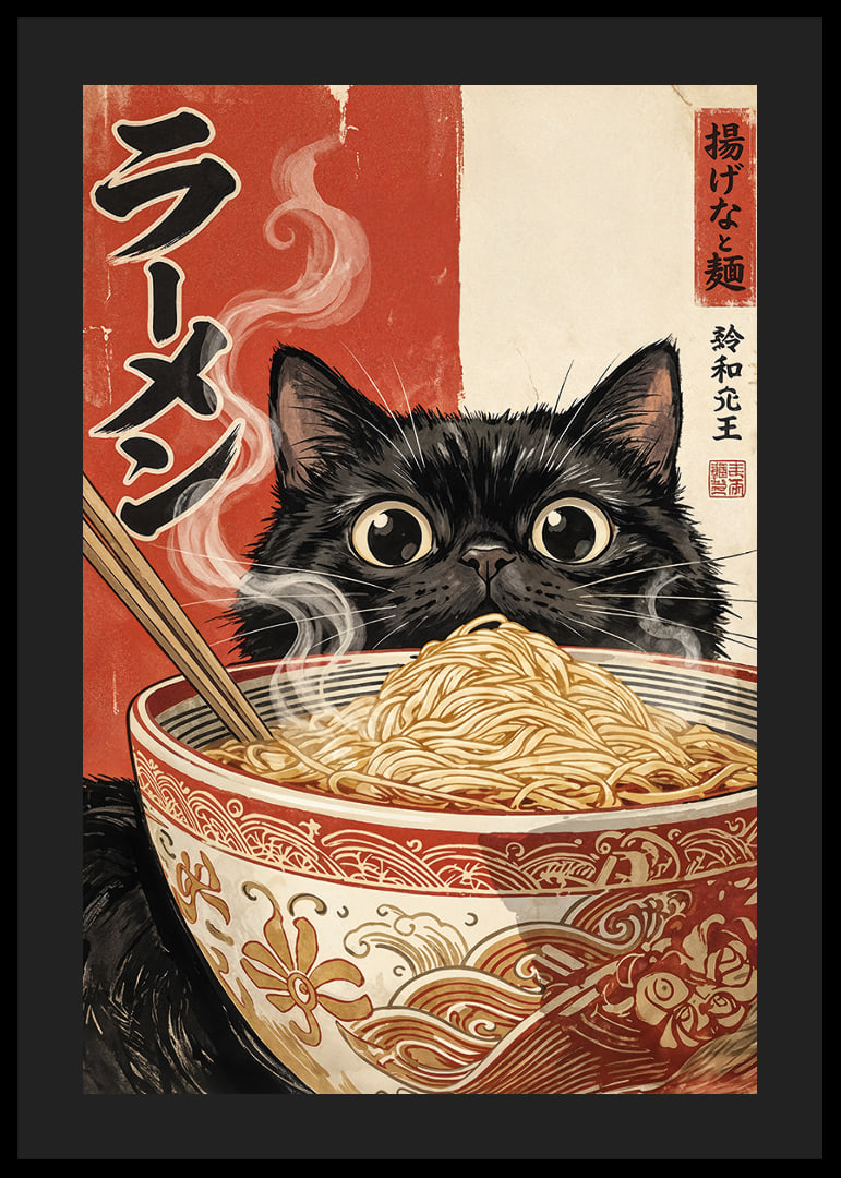 A curious cat enjoys a steaming bowl of ramen.-12