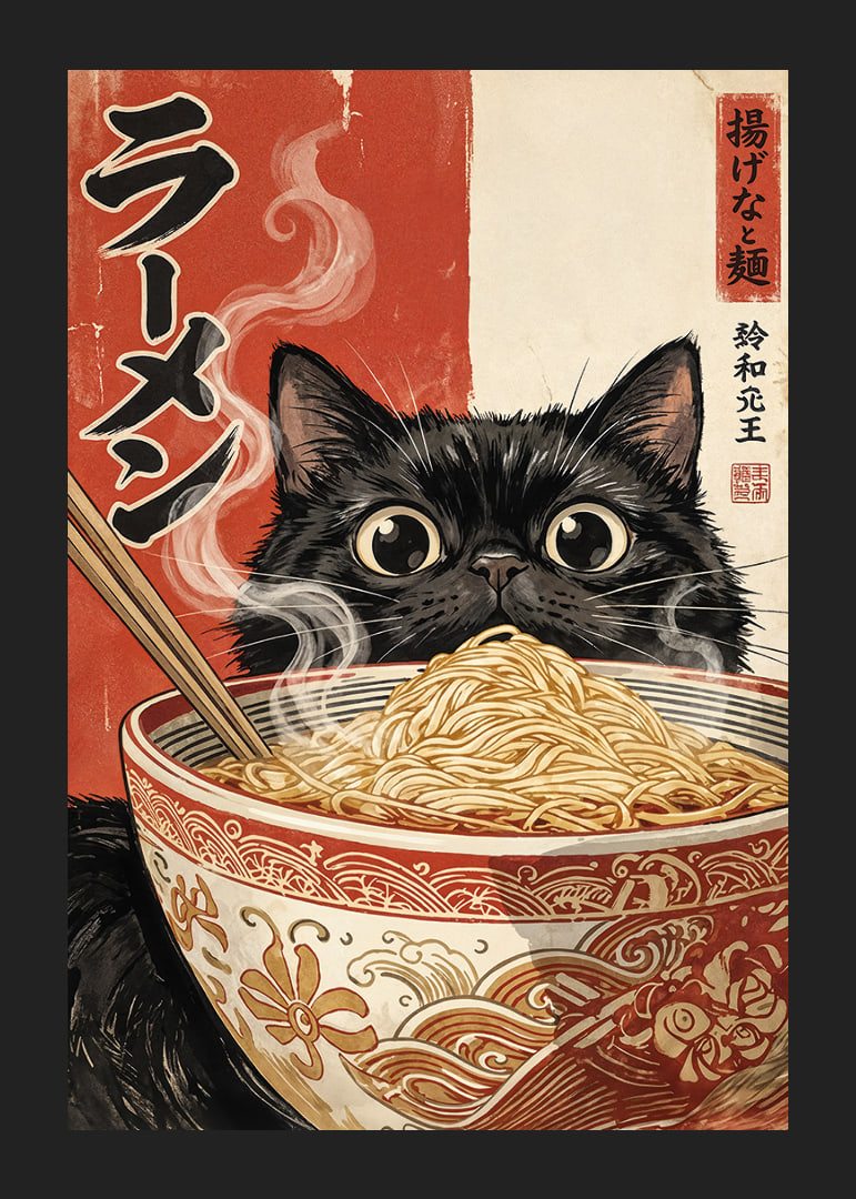 A curious cat enjoys a steaming bowl of ramen.-12