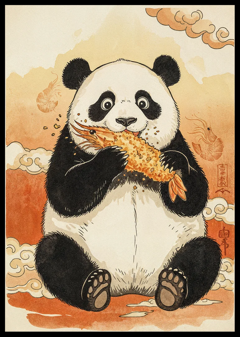 A panda enjoys a crunchy treat in a dreamy landscape.-12