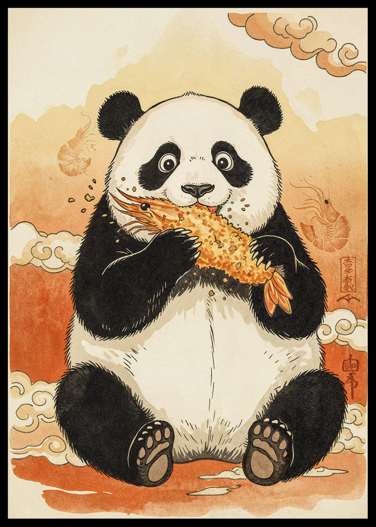 Panda bauda kraukšķīgu kārumu sapņainā ainavā.-12