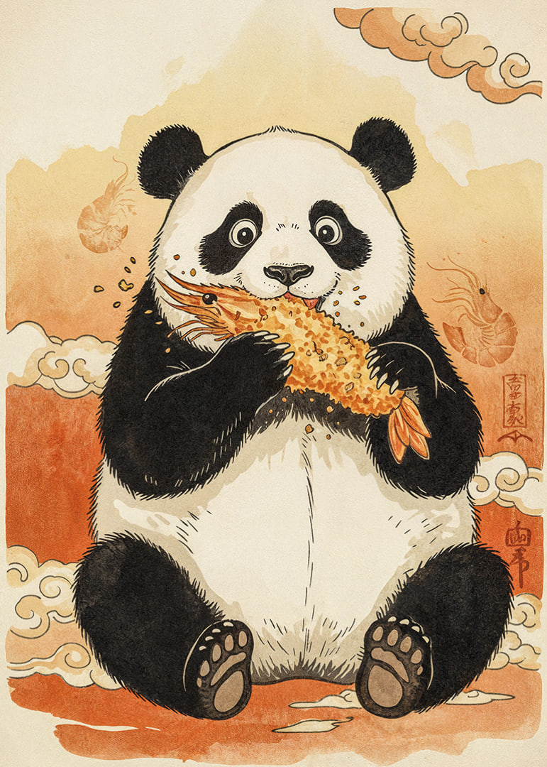 Panda si vychutnáva chrumkavú maškrtu v rozprávkovej krajine.-12