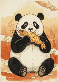 A panda enjoys a crunchy treat in a dreamy landscape.-7