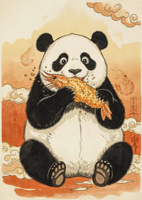 Panda bauda kraukšķīgu kārumu sapņainā ainavā.-3