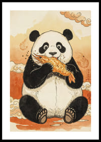 Panda bauda kraukšķīgu kārumu sapņainā ainavā.-0