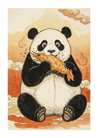 Panda si vychutnáva chrumkavú maškrtu v rozprávkovej krajine.-1
